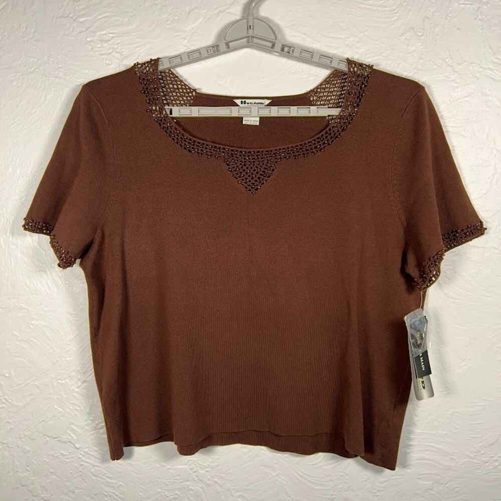 Nygard Deadstock Chocolate Brown Embroidered Beading Knit Silk Blend T-Shirt 2XL